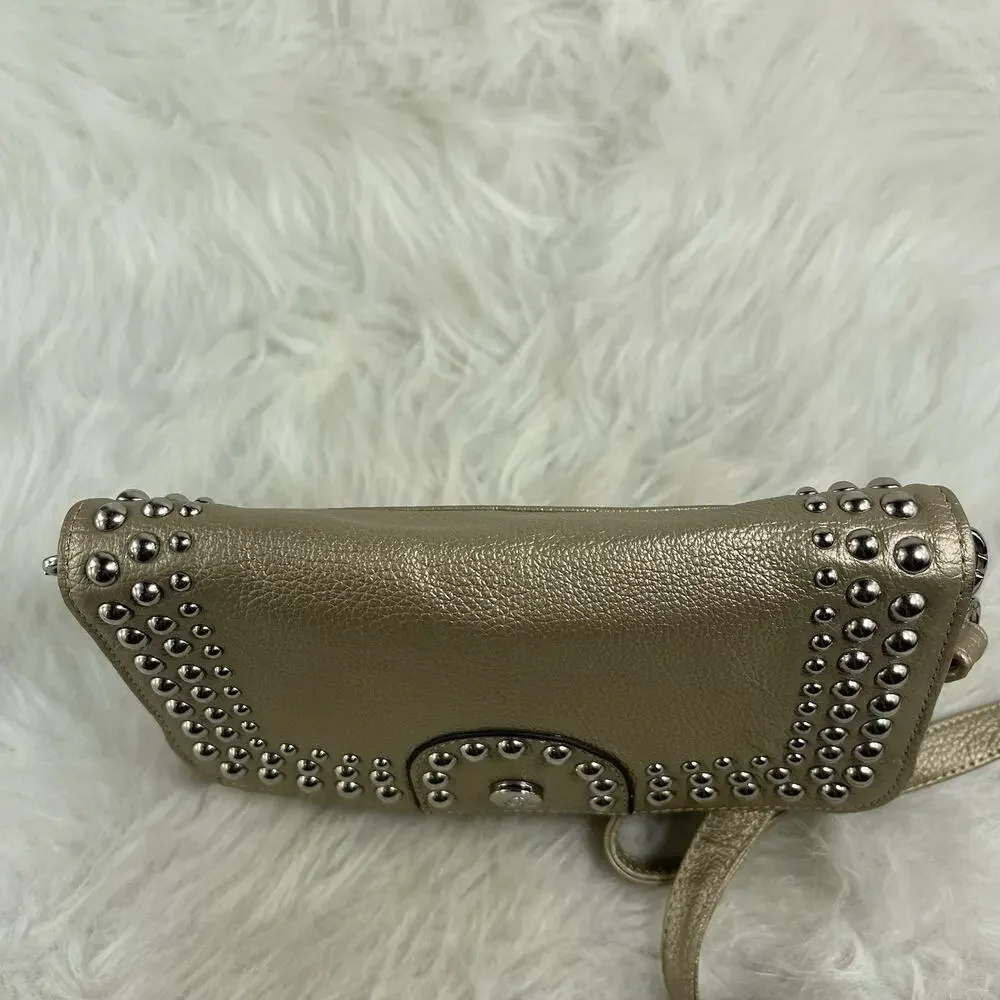 GRACE ADELE Gold Leather Clutch With Leather Flower Crossbody Style